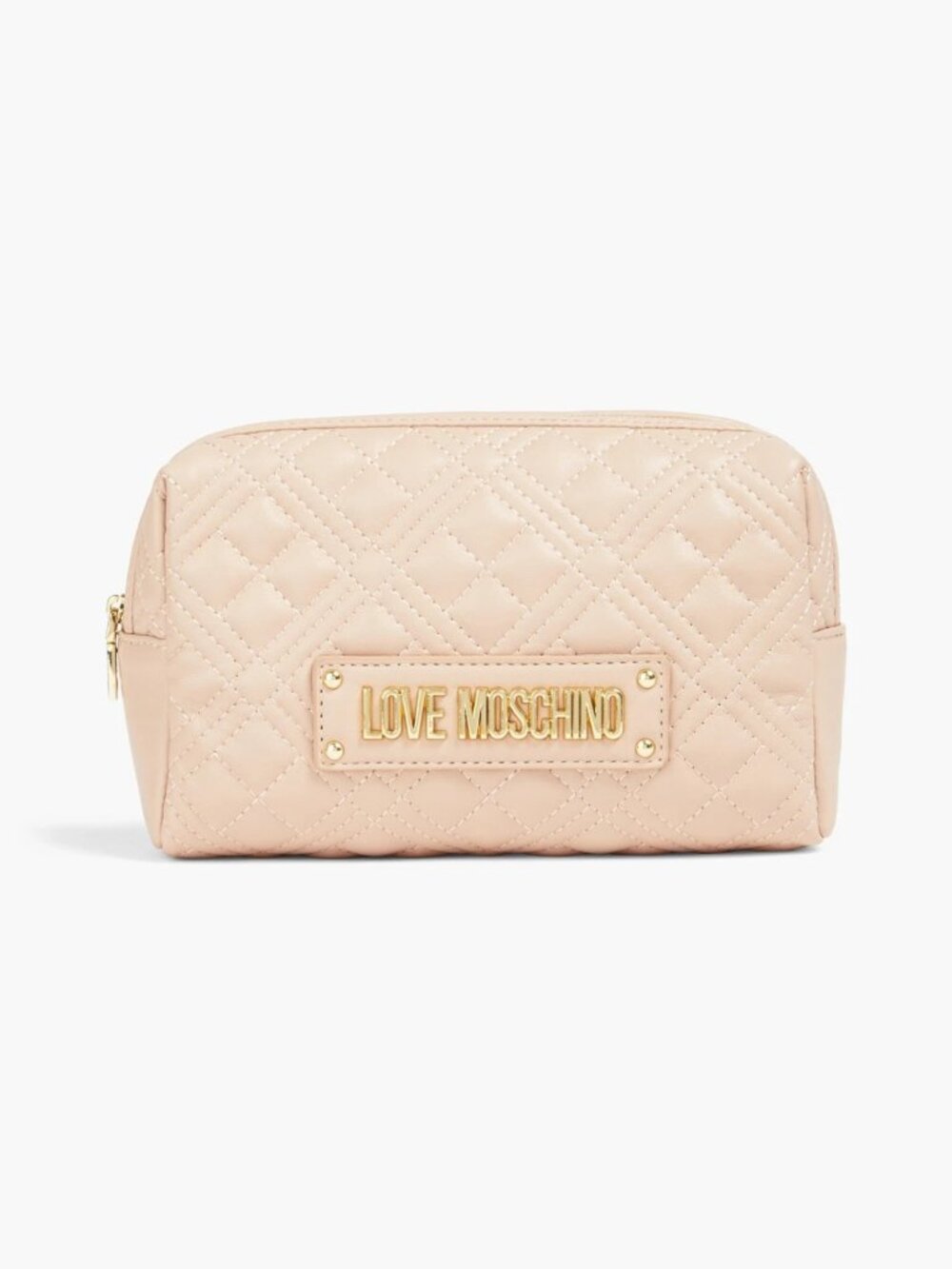 Love Moschino Quilted Beige Clutch Cosmetic Bag Gold Logo Zip Pouch NWT Dust Bag